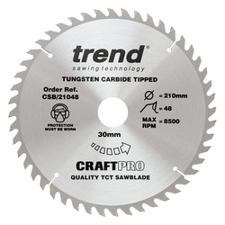 Trend CSB/21048 The Craft Pro 210mm diameter 30mm bore 48 tooth general purpose saw blade for table saws and hand held circular saws.