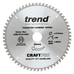 Trend CSB/CC21660 Trend Craft Pro 216mm diameter 30mm bore 60 tooth fine finish cut saw blade for hand held circular saws