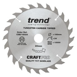 Trend CSB/16024 Trend Craft Pro 160mm diameter 20mm bore 24 tooth combination cut saw blade for hand held circular saws