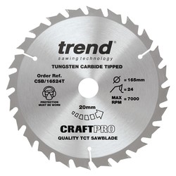 Trend CSB/16524T Trend Craft Pro 165mm diameter 20mm bore 24 tooth combination cut thin kerk saw blade for cordless circular saws