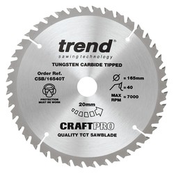 Trend CSB/16540T Trend Craft Pro 165mm diameter 20mm bore 40 tooth fine finish cut thin kerf saw blade for cordless circular saws