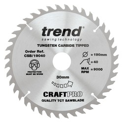 Trend CSB/19040 The Craft Pro 190mm diameter 30mm bore 40 tooth general purpose saw blade for hand held circular saws.