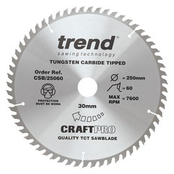 Trend CSB/25060 Trend Craft Pro 250mm diameter 30mm bore 60 tooth fine finish cut saw blade for table saws