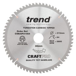 Trend CSB/AP21564 Craft saw blade aluminium and plastic 215mm x 64 teeth x 30mm