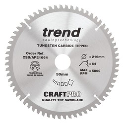 Trend CSB/AP21664 The Craft Pro 216mm diameter 30mm bore 64 tooth aluminium and plastics saw blade for mitre saws