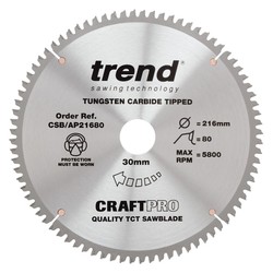 Trend CSB/AP21680 Craft saw blade aluminium and plastic 216mm x 80 teeth x 30mm