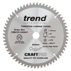 Trend CSB/CC19060T Craft saw blade crosscut 190mm x 60 teeth x 20mm thin